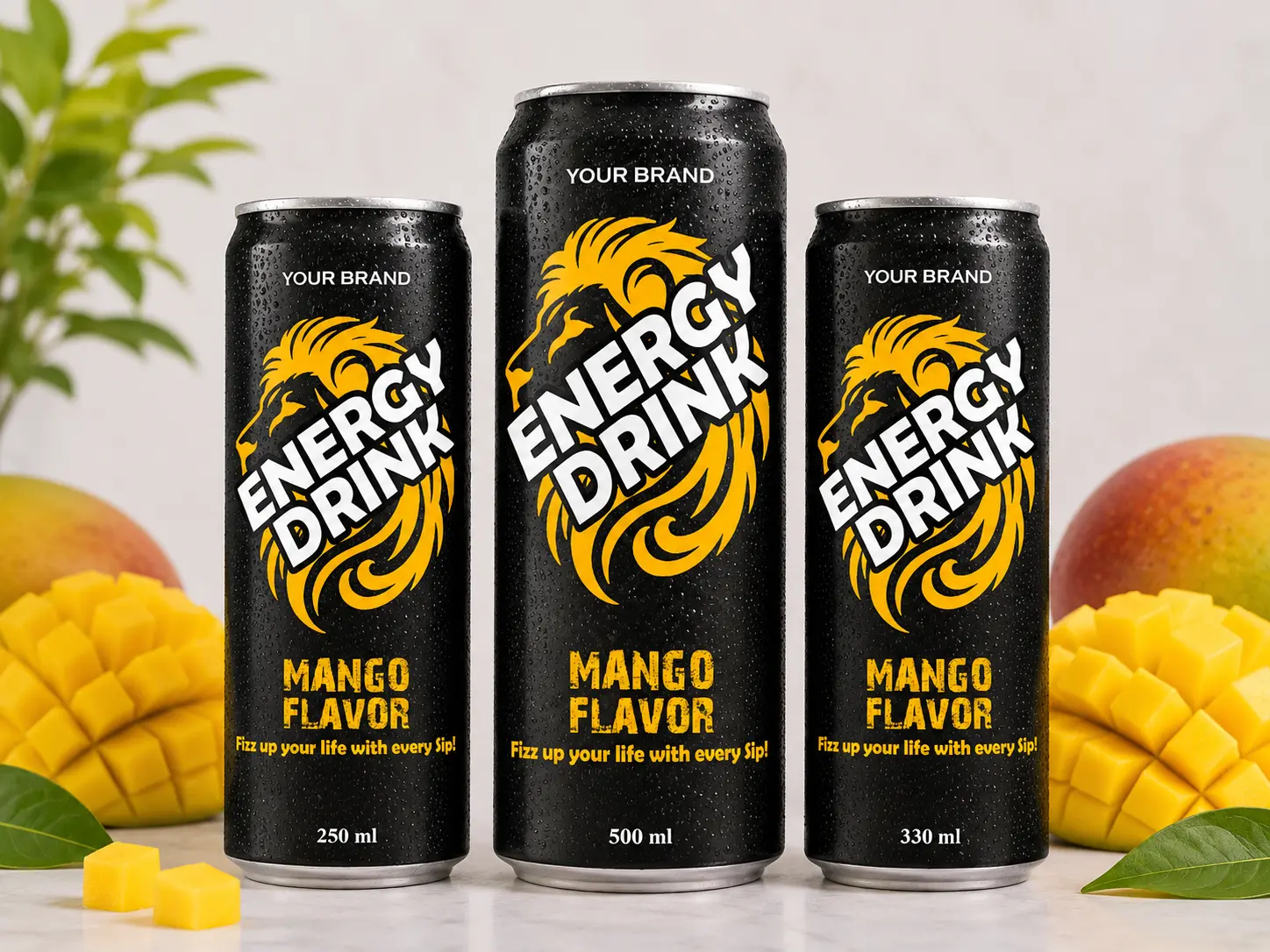 ENERGY DRINK Mango Flavor 250ml, 500ml and 330ml cans.